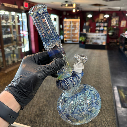 14mm 11" Wrap n Rake Double Bubble Base Water Pipe (Cobalt Blue)